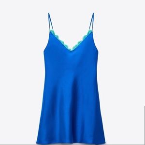 NWT Blue silk Zara mini dress with green lace trim